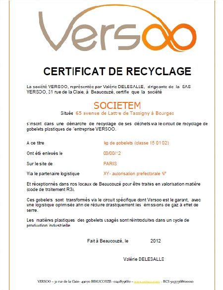 Versoo Certificat de recyclage