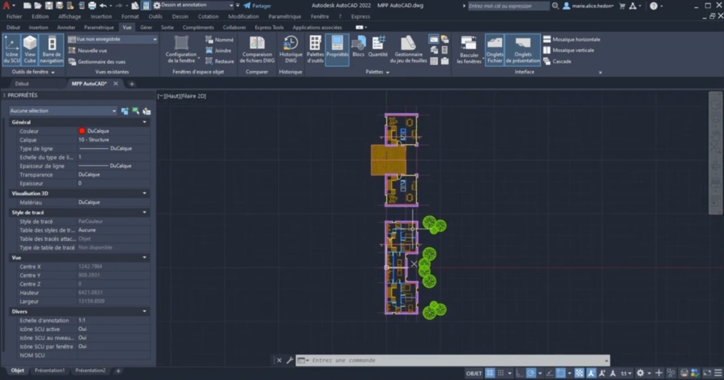 Vue d'un projet AuoCAD en formation d'initiation